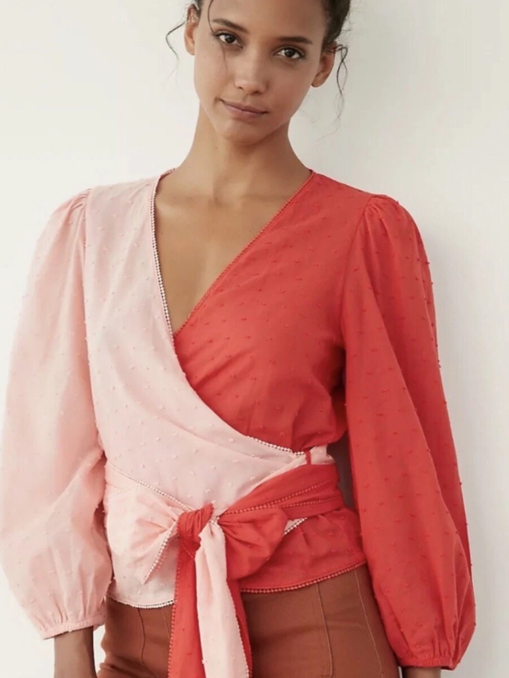 Anthropologie x FARM Rio Wrap Blouse Swiss Dot Puff Sleeve Colorblock Pink Red - Picture 14 of 15